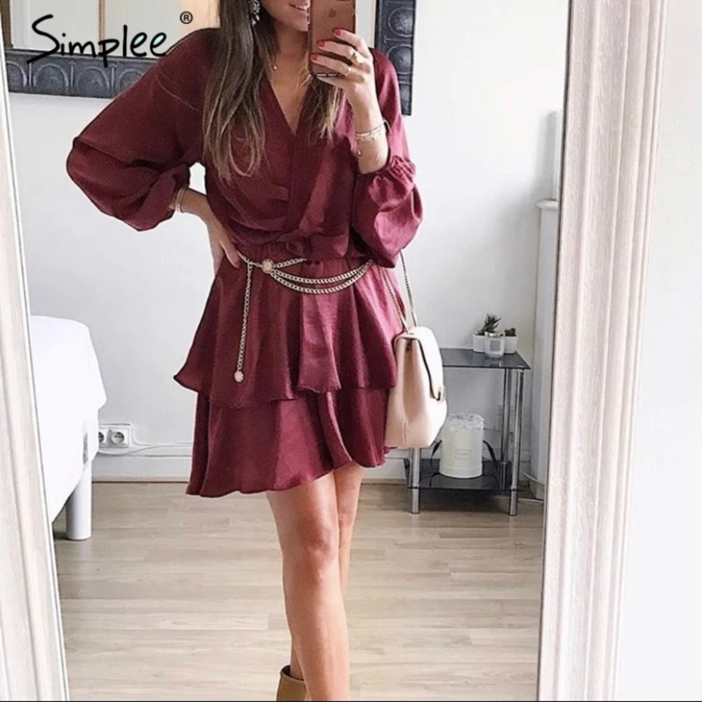 Long Sleeve Burgundy Ruffle Dress